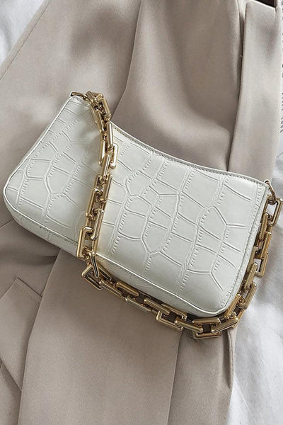 White Gold Crocodile Print Hand Bag - AMIClubwear