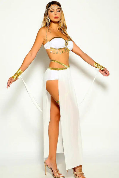 White Gold Embellished Rhinestone Fringe Goddess 5 Piece Costume - AMIClubwear