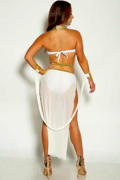 White Gold Metallic High Neck Strappy Mesh 4 Piece Costume - AMIClubwear