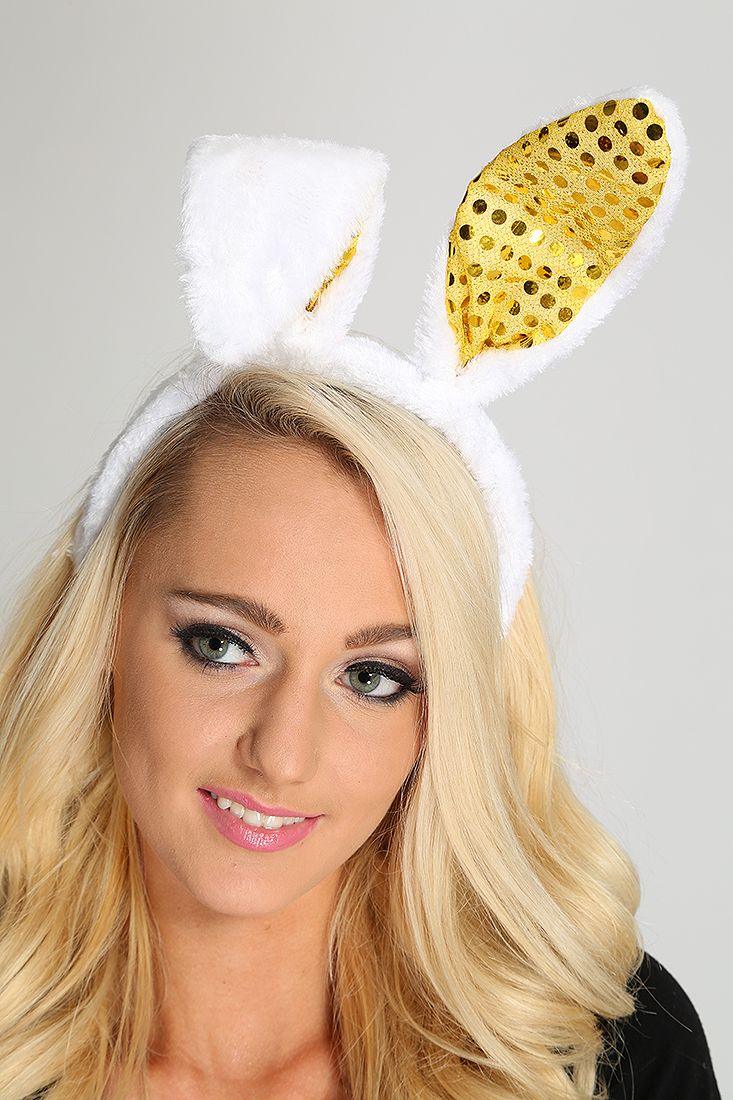 White Gold Sequin Faux Fur Bunny Ears - AMIClubwear
