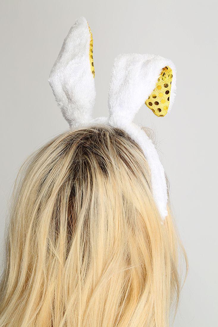 White Gold Sequin Faux Fur Bunny Ears - AMIClubwear