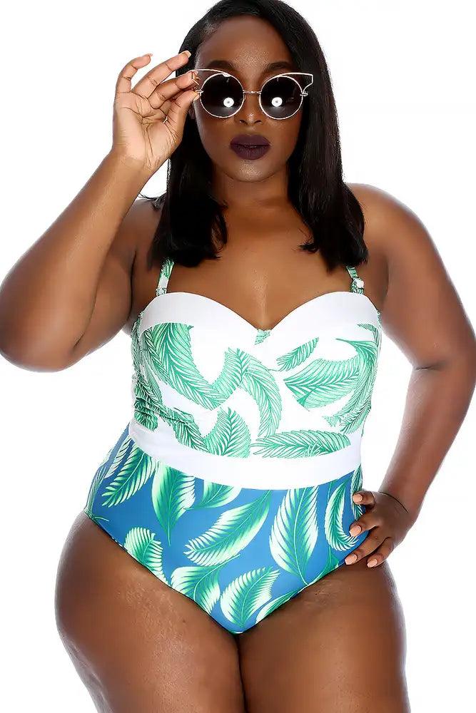 White Green Leaf Print Push Up One Piece Swimsuit - AMIClubwear