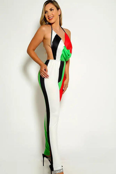 White Green Open Back Jumpsuit - AMIClubwear