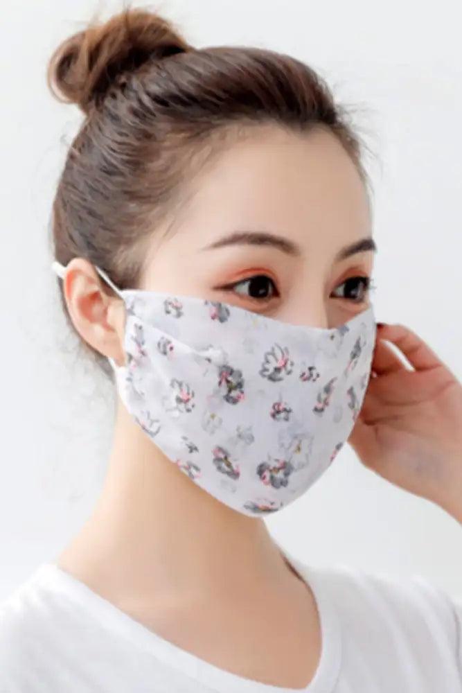 White Grey Floral Print Reusable Face Mask - AMIClubwear