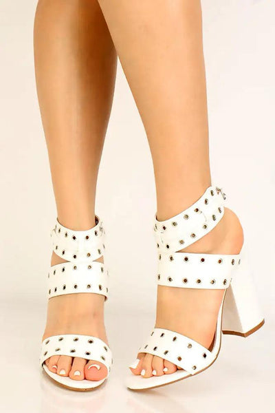 White Grommet Accent Chunky Heels - AMIClubwear