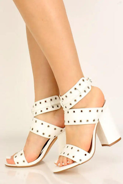 White Grommet Accent Chunky Heels - AMIClubwear