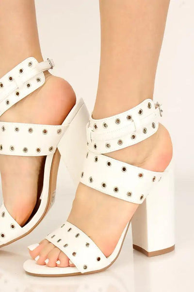 White Grommet Accent Chunky Heels - AMIClubwear