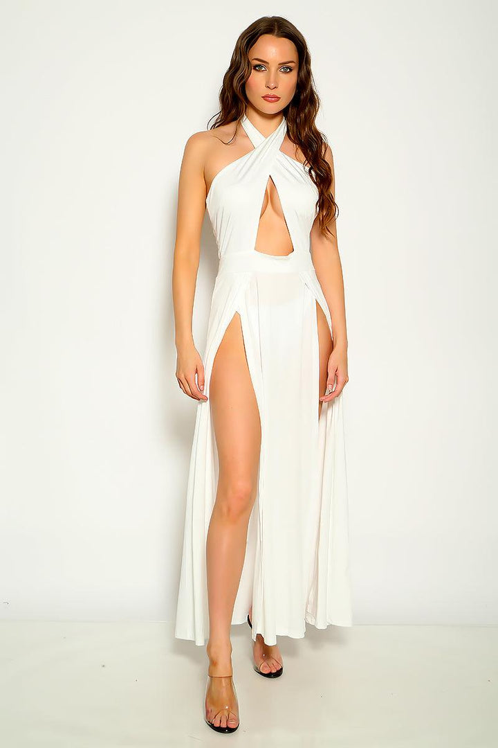 White Halter Cross Strap Double Slit Maxi Dress – AMIClubwear