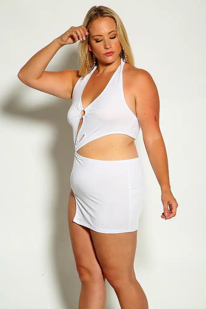 White Halter O-Ring Cut Out Plus size Party Dress - AMIClubwear