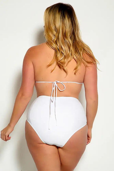 White Halter Rhinestone Detail High Waist Plus Size Two Piece Swimsuit - AMIClubwear