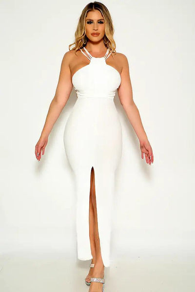 White Halter Stappy Sleeveless Dressy Slit Maxi Dress - AMIClubwear