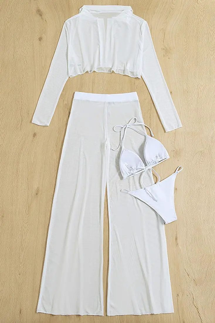 White Halter Triangle Thong Swimsuit With Cover Up 4 Pc Set