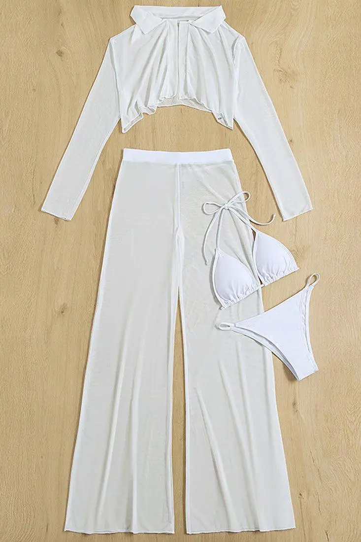 White Halter Triangle Thong Swimsuit With Cover Up 4 Pc Set