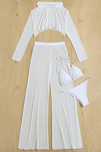 White Halter Triangle Thong Swimsuit With Cover Up 4 Pc Set - AMIClubwear
