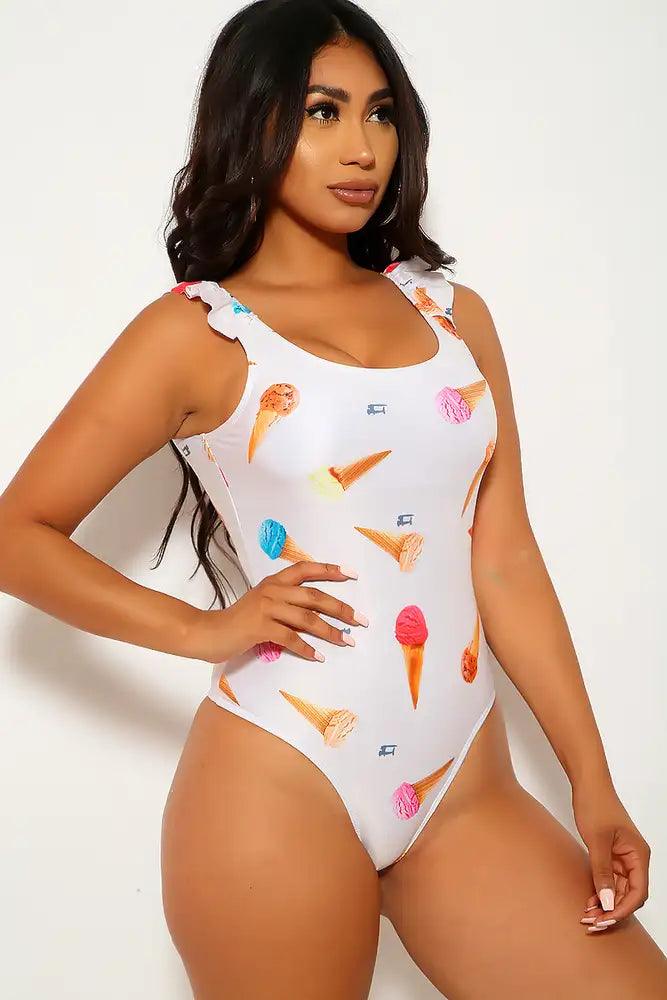 White Ice Cream Print Ruffle Cheeky One Piece Swimsuit - AMIClubwear