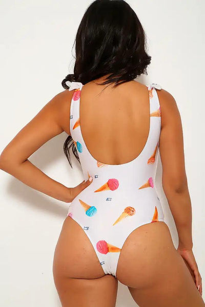 White Ice Cream Print Ruffle Cheeky One Piece Swimsuit - AMIClubwear