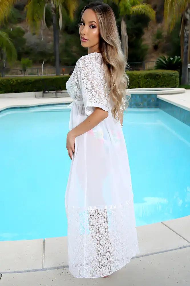 White Knit Detailed Sheer Ribbon Waist Tie Swimsuit Cover Up - AMIClubwear