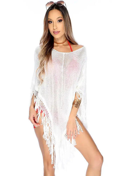 White Knit Short Sleeve Fringe Accent Sexy Swimsuit Coverup - AMIClubwear