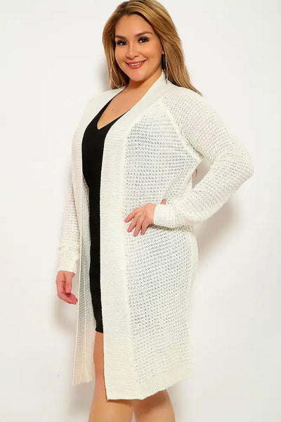 White Knitted Long Sleeve Plus Size Cardigan - AMIClubwear