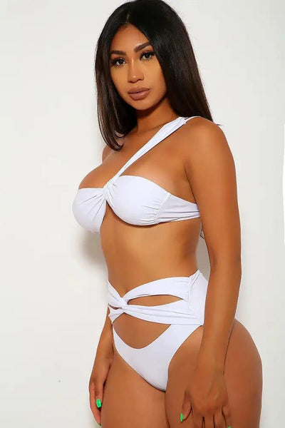 White Knotted Cut Out Two Piece Swimsuit - AMIClubwear