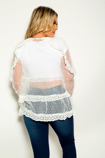 White Lace Mesh Long Sleeve Top - AMIClubwear