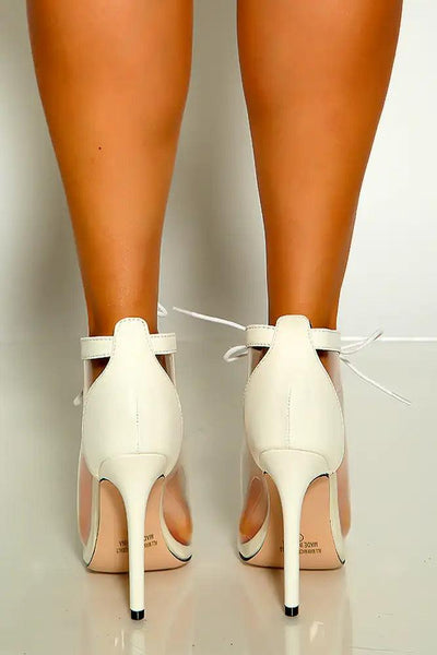 White Lace Up Peep Toe Clear Lucite Booties - AMIClubwear