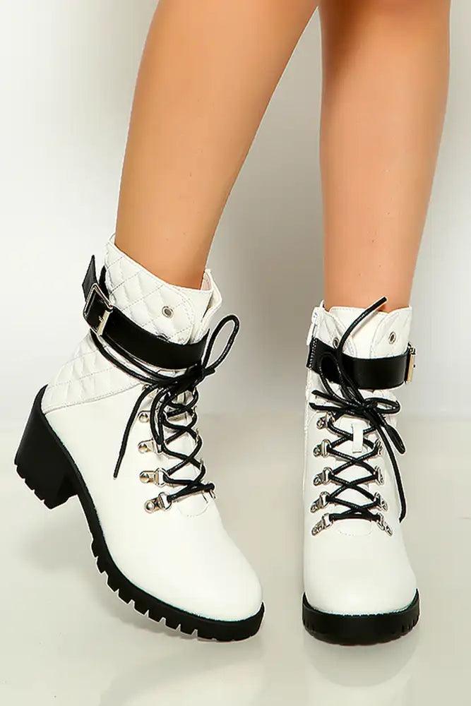 White Lace Up Quilted Strap Detail Booties - AMIClubwear