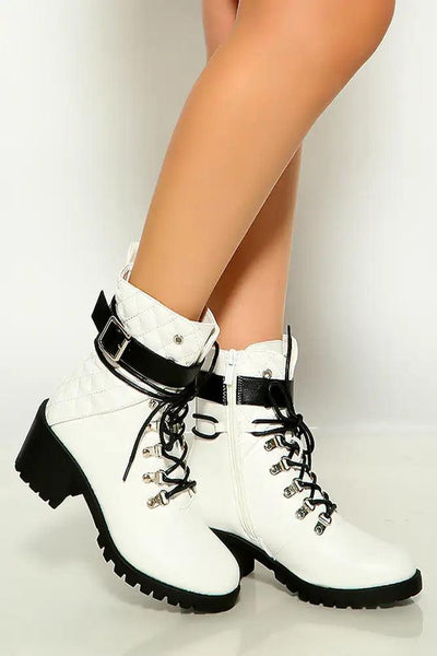 White Lace Up Quilted Strap Detail Booties - AMIClubwear