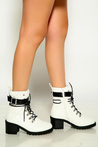 White Lace Up Quilted Strap Detail Booties - AMIClubwear