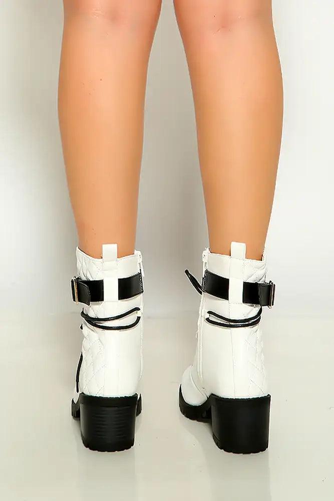 White Lace Up Quilted Strap Detail Booties - AMIClubwear