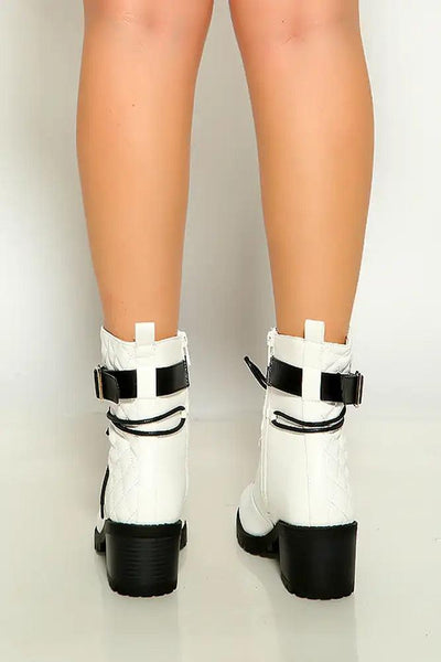 White Lace Up Quilted Strap Detail Booties - AMIClubwear