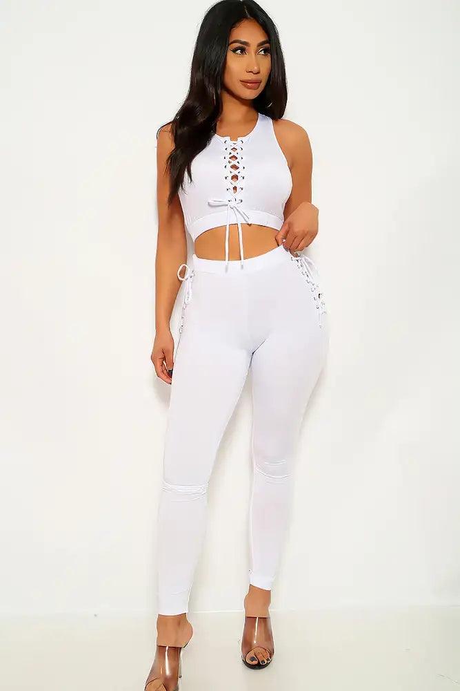 White Lace Up Two Piece Outfit - AMIClubwear
