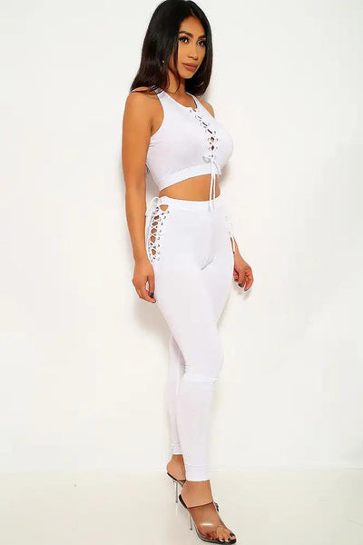 White Lace Up Two Piece Outfit - AMIClubwear