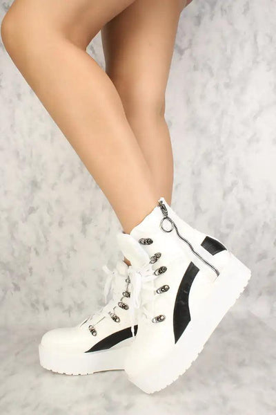 White Lace Up Zip Up High Ankle Platform Sneakers Faux Leather - AMIClubwear