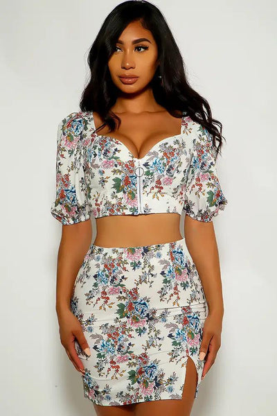 White Leaves Print Two Piece Dress - AMIClubwear