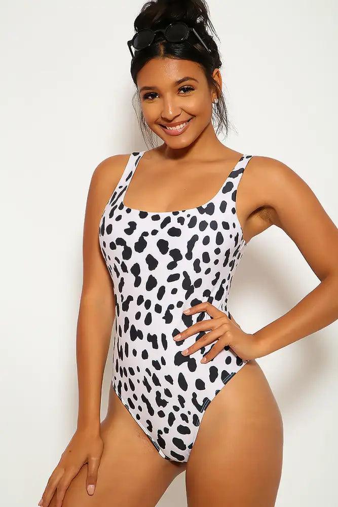 White Leopard Animal Print One Piece Swimsuit - AMIClubwear