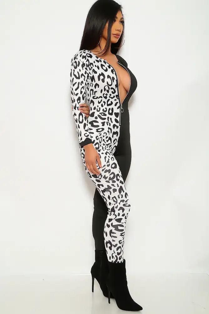 White Leopard Black Long Sleeve Jumpsuit - AMIClubwear