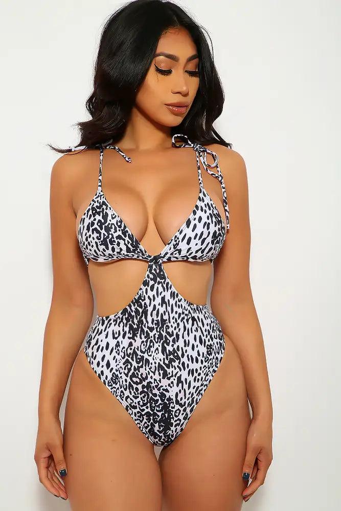 White Leopard Print Cut Out One Piece Swimsuit - AMIClubwear