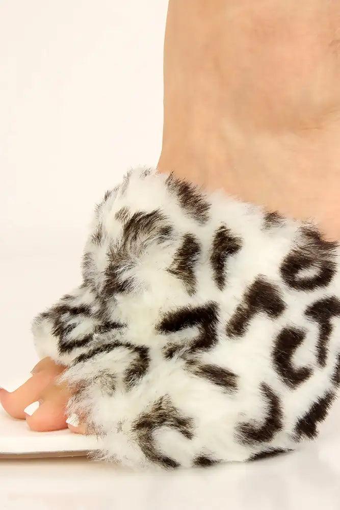 White Leopard Print Faux Fur Pointy Toe High Heels - AMIClubwear