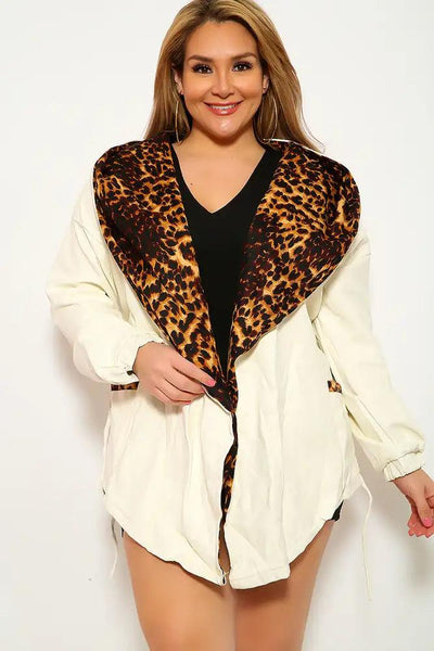 White Leopard Print Faux Leather Plus Size Jacket - AMIClubwear