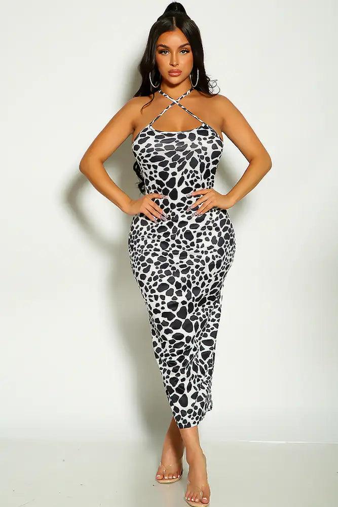 White Leopard Print Halter Cross Strap Midi Dress - AMIClubwear