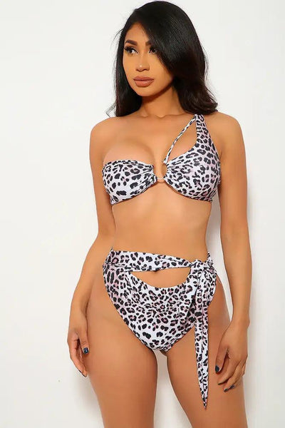 White Leopard Print One Shoulder Two Piece Swimsuit - AMIClubwear