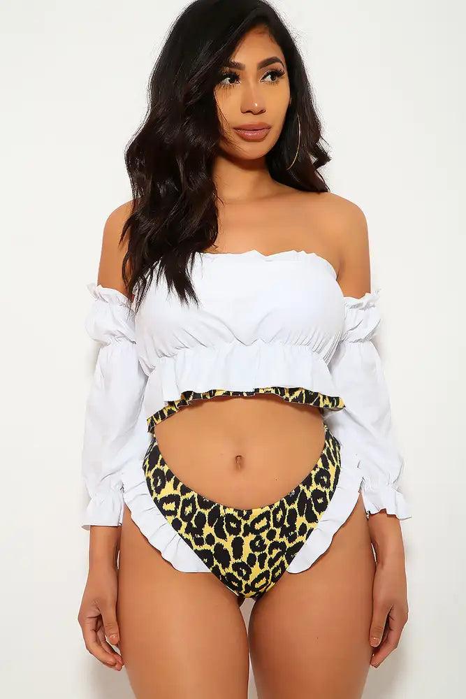 White Leopard Print Ruffled Two Piece Swimsuit - AMIClubwear