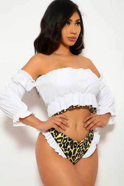 White Leopard Print Ruffled Two Piece Swimsuit - AMIClubwear