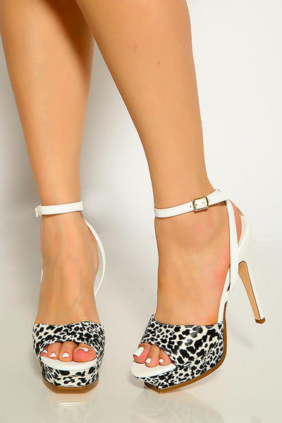 White Leopard Print Strappy Platform High Heels - AMIClubwear