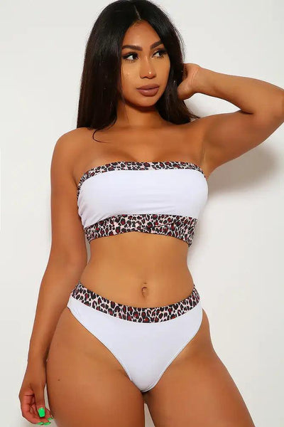 White Leopard Print Two Piece Swimsuit - AMIClubwear
