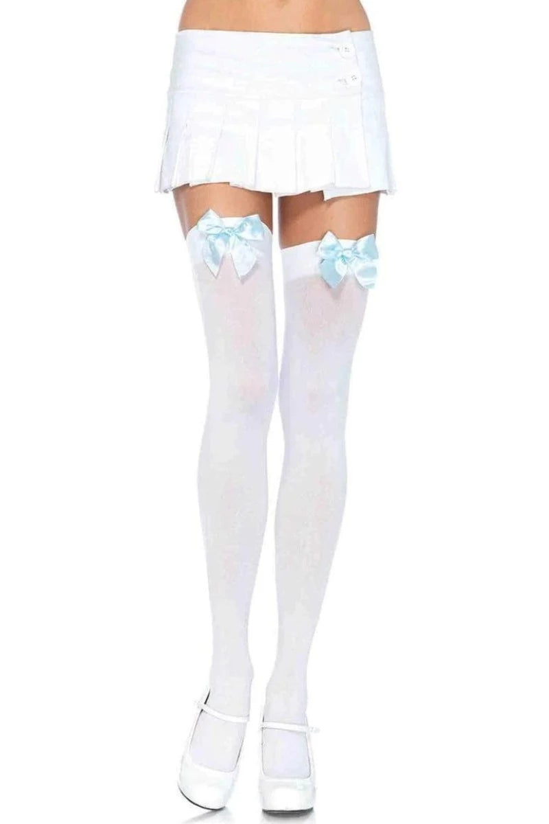 White Light Blue Opaque Satin Bow Thigh Highs - AMIClubwear