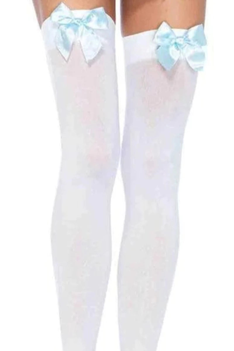 White Light Blue Opaque Satin Bow Thigh Highs - AMIClubwear