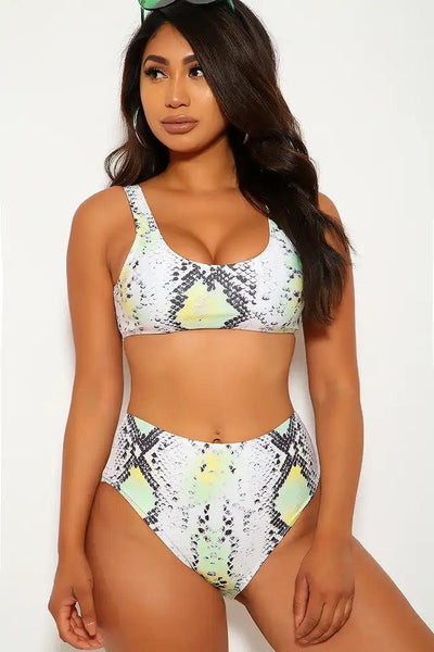 White Lime Snake Print Two Piece Swimsuit - AMIClubwear