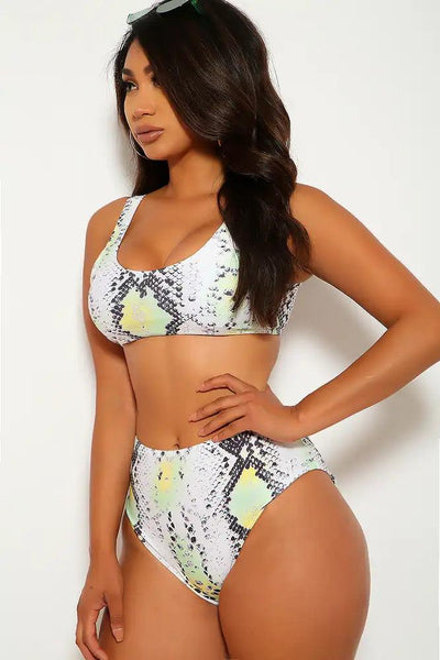 White Lime Snake Print Two Piece Swimsuit - AMIClubwear